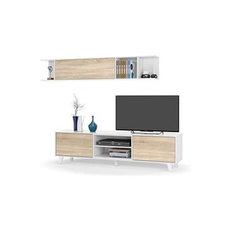 HOGAR 24 M&oacute;dulo tv + estante para colgar blanco brillo y roble canadian