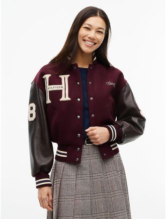Tommy Hilfiger Womens Relaxed Fit Wool-Blend Varsity Jacket - Deep Burgundy - M