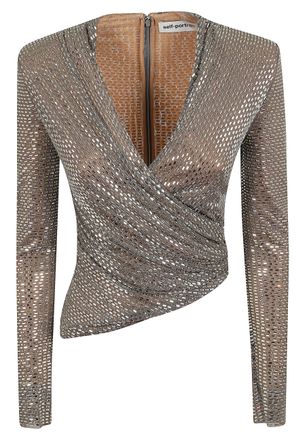 Self Portrait Charcoal Grey Rhinestone Mesh Wrap Top