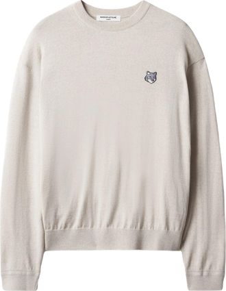 Maison Kitsun&eacute; Minimalist Light Beige Knit Sweater with Logo Patch