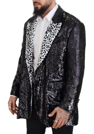 Dolce & Gabbana Mens Black Sequined Cow Pattern Nylon Blazer Clothing