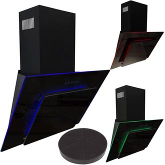 Sia 70cm Black LED Edge Lit Angled Glass Cooker Hood with Carbon Filter