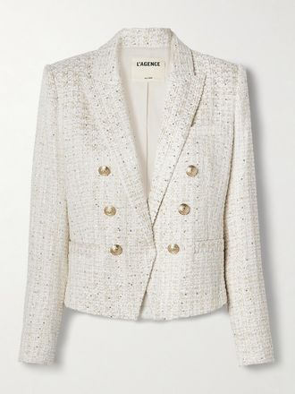 L'agence Blazer Doppiopetto In Tweed Di Misto Cotone Boucl&eacute; Metallizzato Brooke - Bianco sporco
