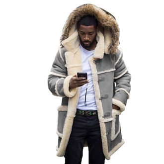 Generic Mens Casual Fleece Sherpa Lined Jackets MenS Suede Sheepskin Jacket Winter Warm Trench Coat Mid Length with Hood Fashion Padded Overcoat Solid Colours