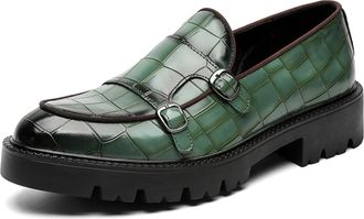Generic Mens Double Monk Strap Slip on Loafer PU Leather Oxford Formal Business Casual Comfortable Dress Shoes for Men,Green,7.5 UK