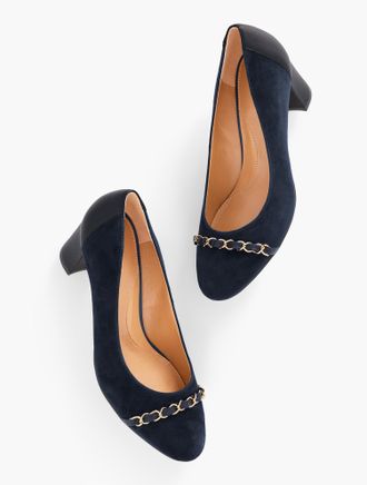 Talbots Ellery Chain Block Heel Pumps - Blue - 8M Talbots