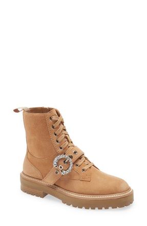 Jimmy Choo London Cora Crystal Buckle Combat Boot in Caramel/Crystal at Nordstrom, Size 7Us