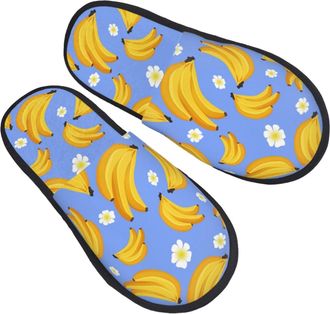 Generic Camping Slippers Cartoon Banana And Flower Pattern Soft Fuzzy Slippers Anti-Slip Sole Indoor Slipper Bedroom Sleepers For Winter Travel M