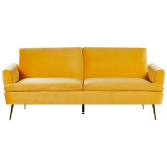 Beliani Sof&aacute; Cama De Terciopelo Amarillo 3 Plazas Click Clack Patas De Metal Dorado Vettre