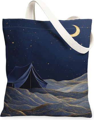 Generic Starry Night Canvas Tote Bags, Camping Tent Pattern Reusable Grocery Bags, Summer Vintage Lightweight Washable Shoulder Str, Navy, 13x15 Inch