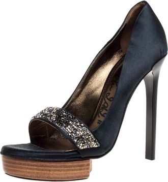 Lanvin Dark Green Satin Crystal Embellished Open Toe Platform Pumps