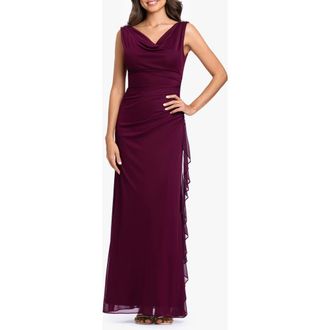 Betsy & Adam Side Ruffle Cowl Neck Sleeveless Gown in Garnet at Nordstrom, Size 10