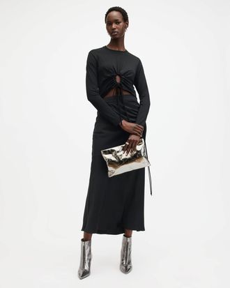 AllSaints Viscose Xylia Long Sleeve Gathered Top, Size: UK 6/US 2