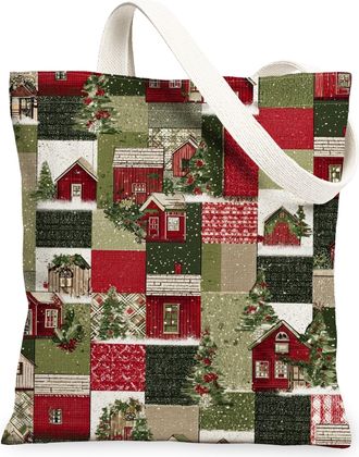 Generic Holiday Patchwork Canvas Tote Bags, Cozy Houses Pattern Reusable Grocery Bags, Winter Rustic Lightweight Washable Shoulder, Red, 13x15 Inch