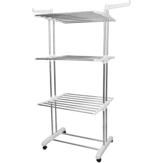 OEM Etendoir &Agrave; Linge - Acier Inoxydable + Pp - 3 &Eacute;tag&egrave;res + 2 Ailes Suspendues + Espace Chaussures - Roulettes Verrouillables - Capacit&eacute; 35 Kg - Blanc