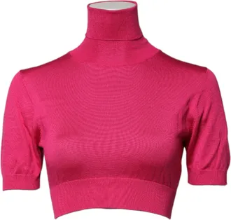 Dolce & Gabbana Womens Pink Silk Knitted Turtleneck Cropped Top