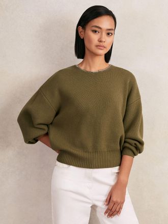 Reiss Sage Green Wool-blend Necklace-trim Jumper With Cashmere, XS