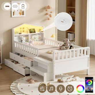 Matteo Single Wooden Bed Frame - LED Storage Headboard & USB/Type-C, White
