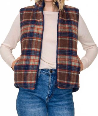 Staccato Plaid Reversible Vest In Brown/blue