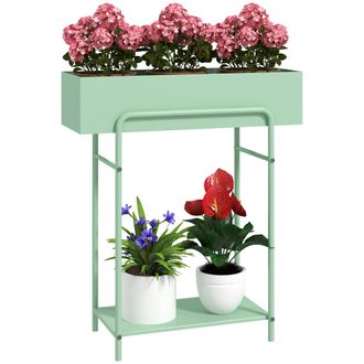 OUTSUNNY 2 Tier Plant Stand - Metal Plant Rack with Drain Holes - Green | TJ Hughes