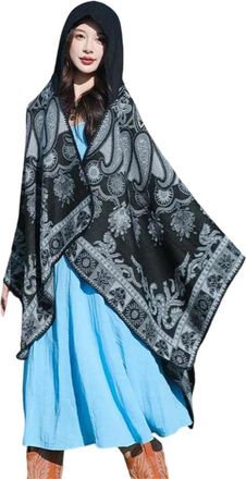 Generic Womens Paisley Poncho Cloak Faux Cashmere Hooded Long Cape Autumn Winter Travel Wrap Shawl Coat