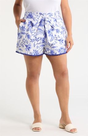Sugarlips Maeve Belted Floral Zaferia Cotton Shorts in White Cobalts at Nordstrom, Size 2 X