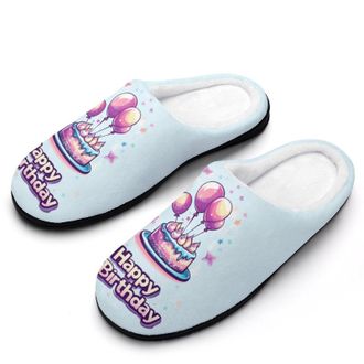 Generic Happy Birthday Funny Mens Slippers Cotton Warm House Shoes Memory Foam Sandals Print Size 7-14