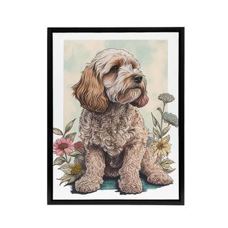 Artery8 Cockapoo Dog With Spring Wildflowers Framed Canvas Wall Art Print | Size: W24 x H32