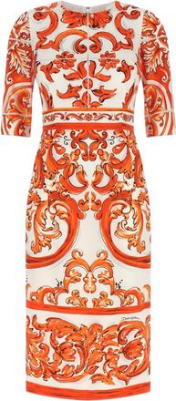 Dolce & Gabbana Orange Printed Round Neck Midi Dress