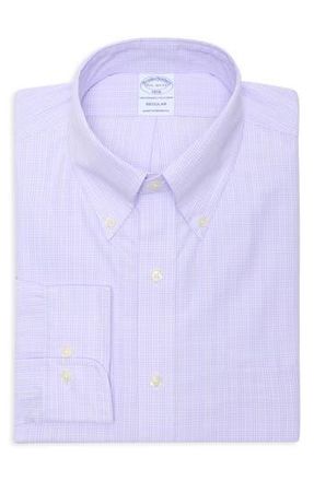 Brooks Brothers Regular Fit Plaid Non-Iron Cotton Dress Shirt in Light Pastel Purple at Nordstrom Rack, Size 15.5 - 32/33