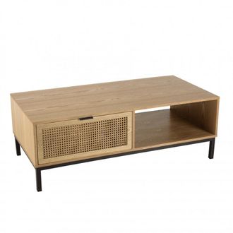 Macabane Mesa de centro 1 estante y 2 cajones de rat&aacute;n y patas de metal negro