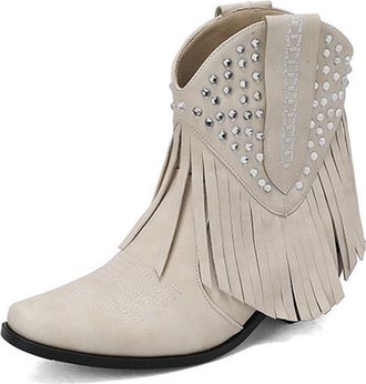 Generic Womens Western Cowgirl Ankle Boots with Tassel and Embroidered Pull On Retro Square Toe Chunky Hee Winter Shoes (7.5,Beige)