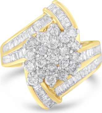 House of Brilliance 10K Gold 3 Ctw Round and Baguette Diamond Crossover Cluster Ring in Yellow Gold at Nordstrom, Size 6.5