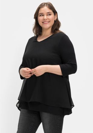 Sheego 3/4-Arm-Shirt SHEEGO 3/4-Arm-Shirt, Damen, Gr. 44/46, schwarz, 95% Viskose, 5% Elasthan, Chiffon:100% Polyester, unifarben, V-Ausschnitt, Shirts 3/4-A