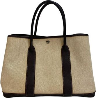 Herm&egrave;s Garden Beige Canvas Leather Handbag Tote Bag (Pre-Owned)