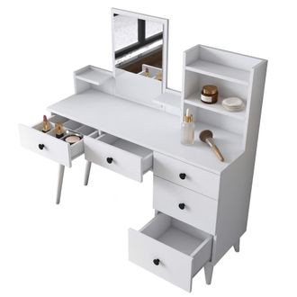 Dmora Tocador Certaldo, Mueble De Maquillaje Con Espejo, 5 Cajones, Estructura Negra, 125x40x94h Cm Blanco