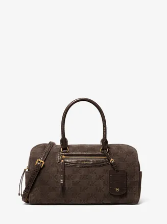 Michael Kors Jet Set Travel Medium Logo Embossed Suede Duffel Crossbody Bag