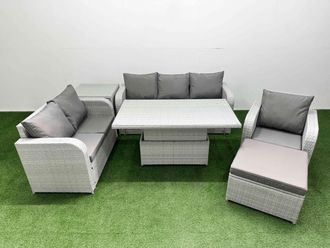 Fimous Patio PE Wicker 7 Seater Outdoor Rattan Furniture Sofa Sets w/ Adjustable Lifting Dining or Coffee Table Reclining Chair Loveseat Sofa 3