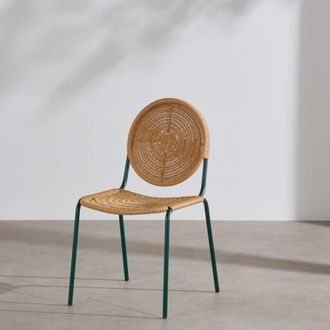 Maisons du monde Silla de exterior de acero verde oscuro y resina trenzada beige