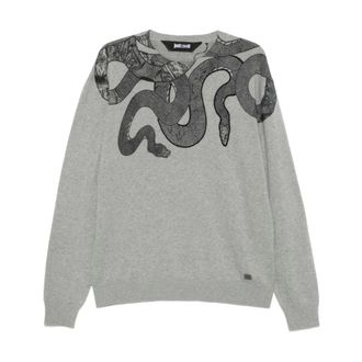 Just Cavalli Round-neck Knitwear, male, Gray, L, Snake Print Grey Knit T-shirt