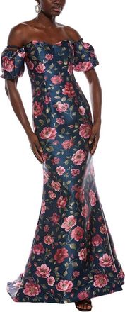 Rene Ruiz Off-The-Shoulder Sculpted Bodice Puff Sleeve Gown