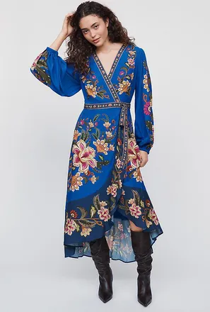Farm Rio Long-Sleeve Floral Wrap Midi Dress
