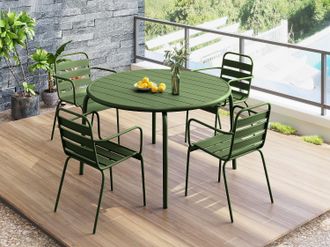Vente-Unique Sala da pranzo da giardino in Metallo Kaki MIRMANDE: un tavolo D.110cm e 4 poltrone impilabili