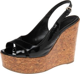 Sergio Rossi Black Patent Leather Platform Wedge Slingback Sandals