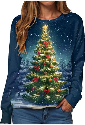 Generic Womens Christmas Jumpers Xmas Tree Print Ladies Tops Funny Christmas Jumpers for Women Uk Classic Long Sleeve Crew Neck Sweatshirt Xmas Pullover Ladie