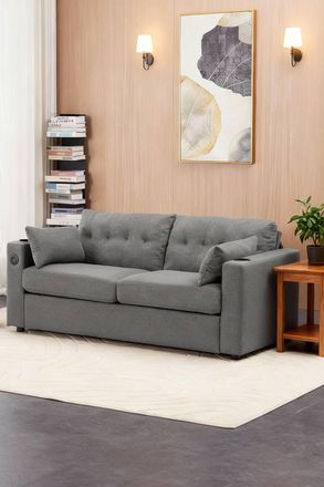 Living and Home 2 Seater Sofa Bed with Cup Holders and Pillows in Grey