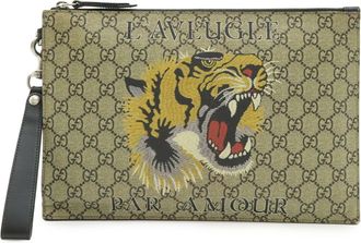 Gucci Beige Khaki Multi-Color Yellow Gg Supreme Clutch Bag (Pre-Owned)