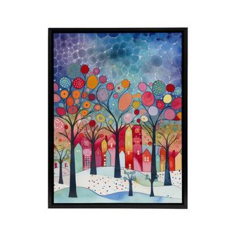 Artery8 Winter Abstract Village Folk Art Framed Canvas Wall Art Print | Size: W24 x H32