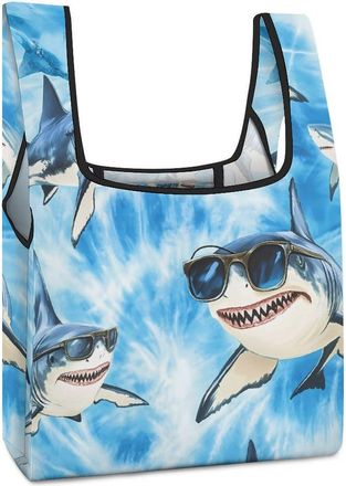 Generic Sharks Wearing Glasses Tie Dye Blue Reusable Shopping Bags Lightweight Foldable Grocery Bag Polyester Washable Tote Bag