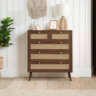 Birlea Walnut Chest of 5 Drawers Rattan Croxley Mid Century Modern